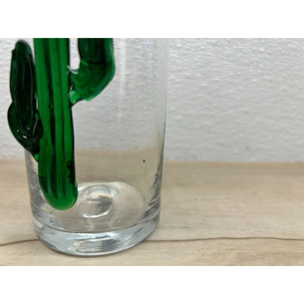 Vintage Set Of 4 Hand Blown Cactus Applique Clear Drinking Glasses Purple Rim